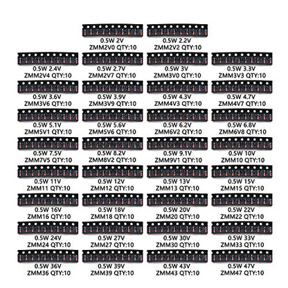 Chanzon 34 Values 340pcs 0.5W SMD Zener Diode Assorted Kit (2V-47V)