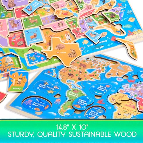 Montessori Mama Wooden Puzzles for Kids Ages 4-6, USA States and Capitols, World Continents and Oceans, Combo Set 2 Toddler Puzzles