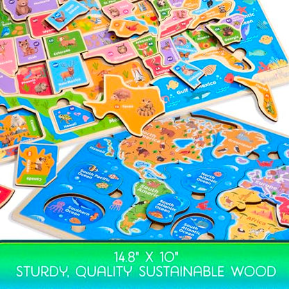 Montessori Mama Wooden Puzzles for Kids Ages 4-6, USA States and Capitols, World Continents and Oceans, Combo Set 2 Toddler Puzzles