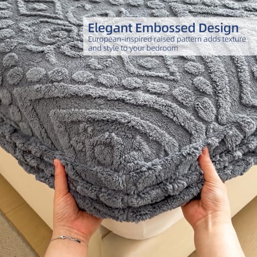 European Damask Embossed Plush Fitted Sheet,Cal King,Blue,72x84inch - color: Blue, size: California King(72"x84")