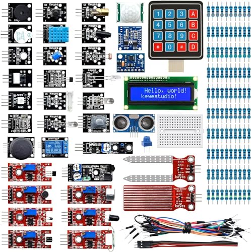 KEYESTUDIO 37 in 1 Sensor Kit for Arduino with Tutorial,Sensors Modules Compatible for Arduino and Raspberry Pi Programming,Active Buzzer/5V Relay/Temperature and Humidity Module etc.
