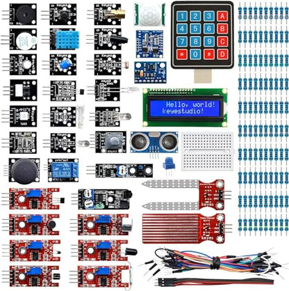 KEYESTUDIO 37 in 1 Sensor Kit for Arduino with Tutorial,Sensors Modules Compatible for Arduino and Raspberry Pi Programming,Active Buzzer/5V Relay/Temperature and Humidity Module etc.