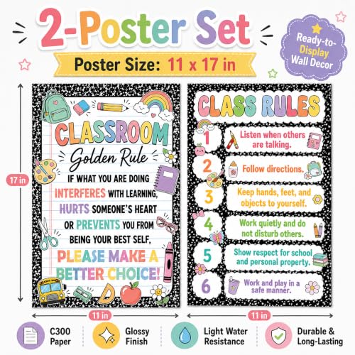 KATINAT 2 Pcs Classroom Rules Poster Set, Class Rules Poster for Classroom, Black Composition Notebook Classroom Decor, Teacher Classroom Decor for Elementary School, Middle School 11x17 Inches - color: Classroom rules