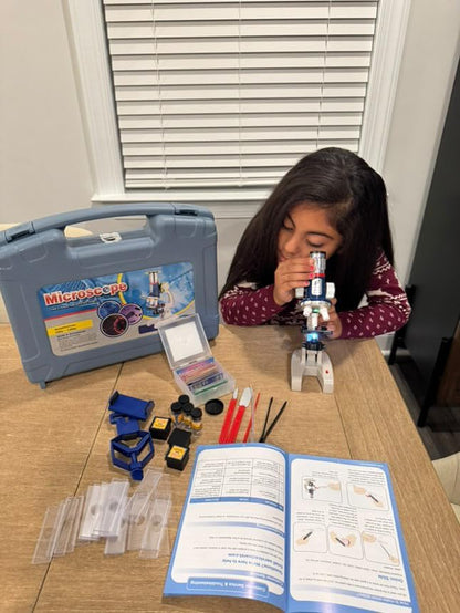 58-Piece Kids Microscope Kit - 100X-1200X Magnification, Metal Body, LED Light, Carrying Box - Science Experiment Toy for Kids Ages 5-12 - color: Blue