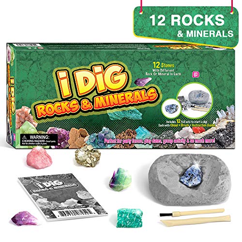 Rocks & Minerals Dig Kit - 12 Pack Real Gemstone Excavation Bricks, Crystals, Pyrite, Amethyst Archeology Digging Toys, STEM Educational Gift Box Party Favors for Kids Boys Girls Age 6+
