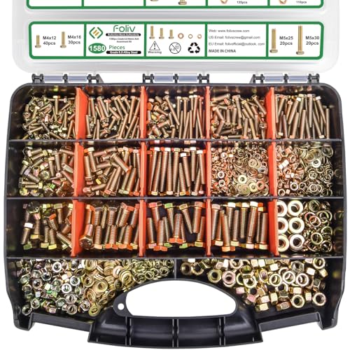 Foliv 1580pcs Metric Bolt Assortment, M4 M5 M6 M8 Nuts and Bolts Assortment Kit, Grade 8.8 Alloy Steel with Yellow Zinc Plated, Length from 12-30mm - size: 1580PCS M4 M5 M6 M8