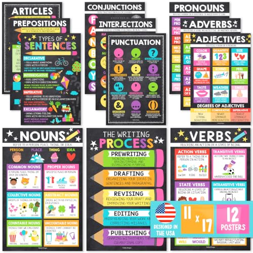Parts of Speech Posters for Classroom Must Haves, 12 Grammar Posters - color: Chalk Colorful