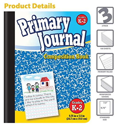 Better Office Products Primary Journal, Hardcover, Primary Composition Book Notebook - Grades K-2, 100 Sheet, One Subject, 9.75" x 7.5", Blue Cover-3 Pack - style: 3 pack