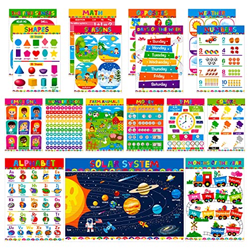 Gethelud 17 Packs Educational Poster, PET Film Covered Preschool Learning Tools for Nursery Kindergarten Toddlers - color: 17 Educational Posters A