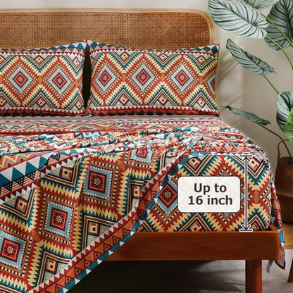 CozySmile 4 Pieces Queen Sheet Set Bohemian, Boho Sheets Soft Microfiber Deep Pocket, Western Sheets Geometric(Queen, Rust Turquoise Diamond) - color: B-rust Turquoise Diamond, size: Queen
