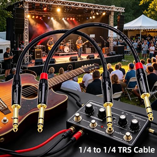 1/4 Inch TRS Cable 1 Foot 2-Pack, 6.35mm Balanced Male to Male Patch Cable, Gold Plated OFC Noise Rejection for Studio Monitor, Mixer, Amplifier, Keyboard, DJ Equipment, Audio Interface