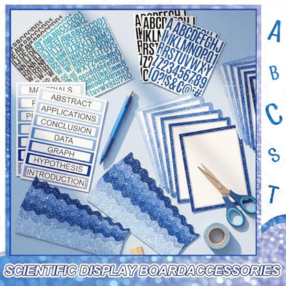 Sinload 92 Pcs Science Fair Board Supplies 60 Trim Scalloped Poster Boards 18 Presentation Subtitles 6 Project Titles 8 Letter Sticker for Classroom Display Boards(Glitter Blue,Wave) - color: Glitter Blue, style: Wave