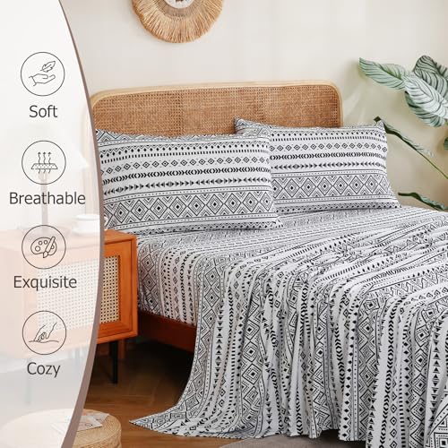 CozySmile Boho Printed Sheet Set Queen Size 4 Piece,Soft & Breathable Bedding Deep Pocket 16" Cooling Wrinkle Free Comforter Bed Set Western Sheets Geometric(Queen, Black White Geometric) - color: B-black White Geometric, size: Queen