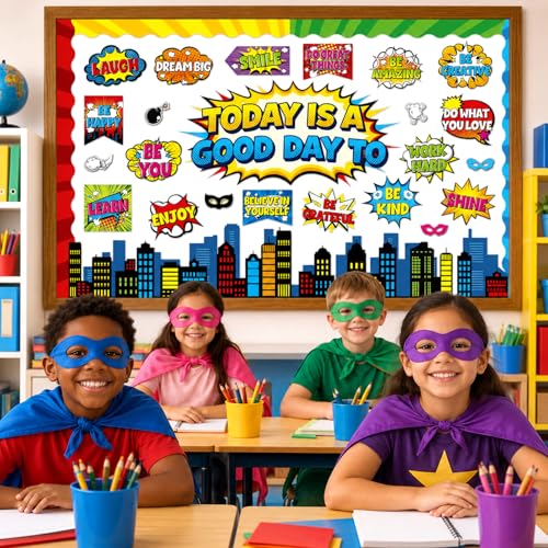 Hero Themed Mental Health Bulletin Board Set Motivational Classroom Decor Today is Good Day Inspirational Affirmation Super Themed Cutouts for Back to School Party Classroom Chalkboard Wall Door Decor - style: Today is Good Day to