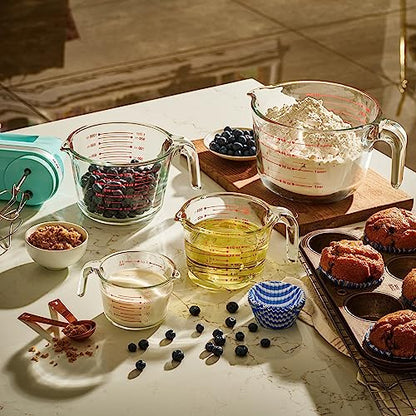 Le'raze Set of 3 Glass Measuring Cups with Measuring Spoons & Whisk - Kitchen Mixing Bowl Liquid Measure Cup, Glass Bakeware. 1 cup, 2 cup, 4 cup., Multi Size, Clear