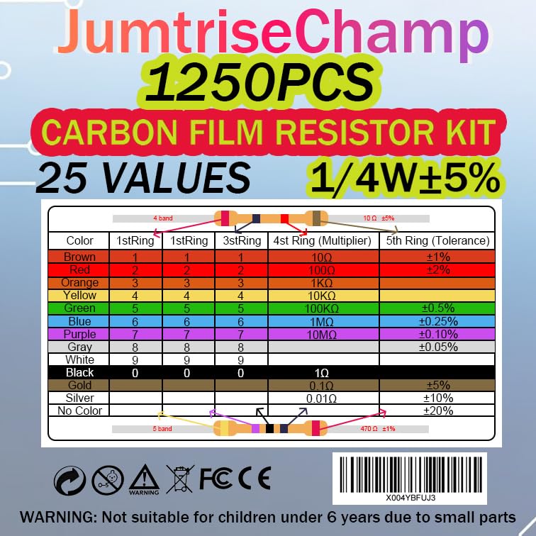 25 Values 1250pcs Resistor Kit 1 Ohm to 1M Ohm 1/4W ±5%