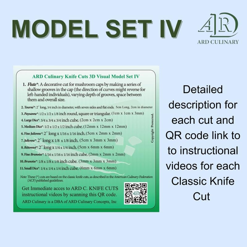 ARD Culinary Knife Cuts 3D Visual Model Set IV-A Level III (advanced) Educational Culinary Training Tool Set for Precision Knife Skills with 3D Template Guides