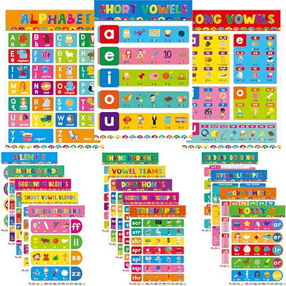17 English Phonics Posters, Language Education Charts, Learning Vowels, Alphabet Posters, PET Film Covered Phonics Learning Tool For Kindergarten Classroom, Bulletin Board, Kids’ Room, 11”x16” - color: 17 English Phonics Posters