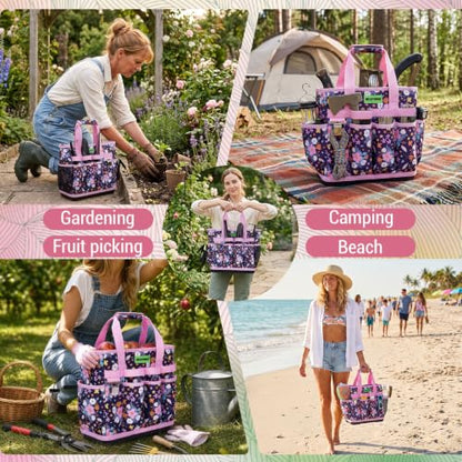 MELOTOUGH 12-Pocket Garden Tool Bag with Hard Bottom, Garden Tote, Purple - color: Purple Flower