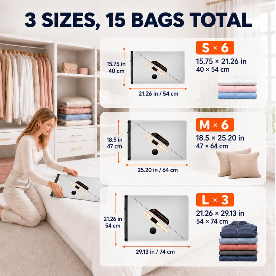 15 Pack Vacuum Storage Bags with Rechargeable Electric Pump, 3 Sizes - size: 15 Combo Travel Size