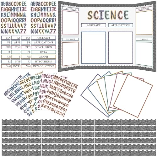 WATINC Composition Science Fair Board Supplies - 96Pcs Self Adhesive Science Fair Project Set with 8 Letter Sticker 10 Presentation Subtitles, Bulletin Border Poster Decor for School Classroom (Grey) - color: Grey