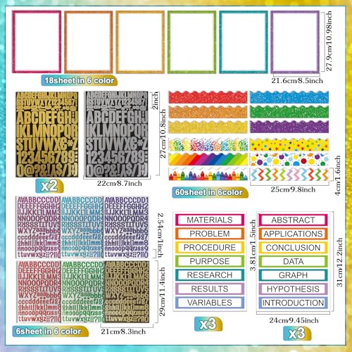 Sinload 92 Pcs Science Fair Board Supplies 60 Trim Scalloped Poster Boards 18 Presentation Subtitles 6 Project Titles 8 Letter Sticker for Classroom Display Boards (Glitter Neon,Wave) - color: Glitter Neon, style: Wave