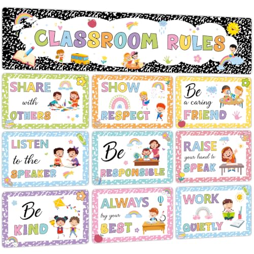 Classroom Rules Bulletin Board Set Colorful Composition Notebook Classroom Rules Paper Cutouts Motivational Educational Behavior Posters Wall Decor for Back to School Wall Door Decor Teacher Supplies