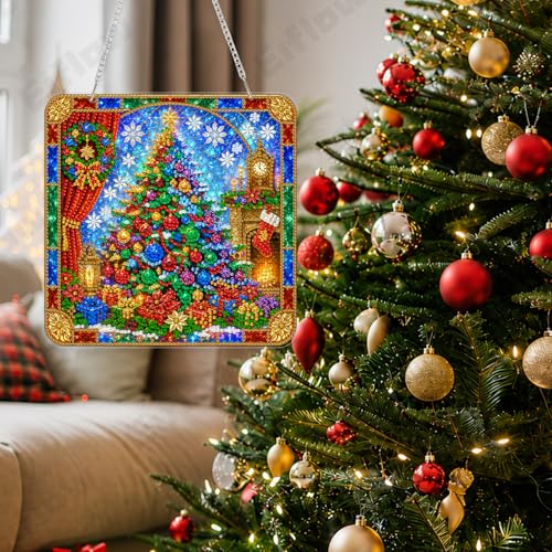 Eiflow Acrylic Diamond Art Hanging Kit for Adults Christmas Tree, DIY Diamonds Painting Door Hanger Ornament Kit Wreath Crystal Diamond Art Painting Wall Window Hanging Pendant - color: Christmas Tree