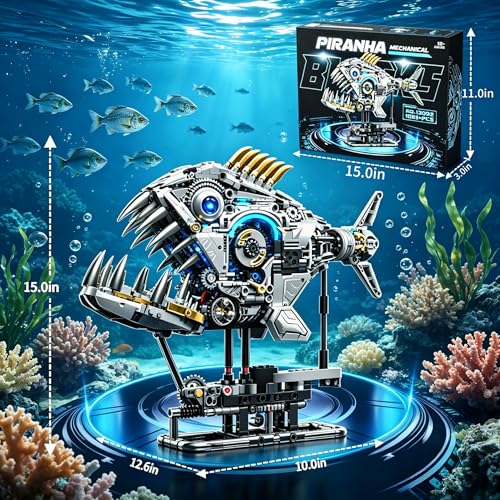 Mechanical Building Blocks Set with Light for Adults, Piranha Fish Model - color: Piranha