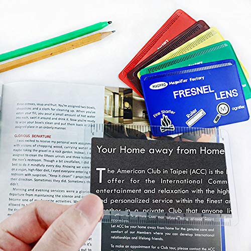 MagDepo 6 Pack Credit Card Size Magnifier Ruler Fresnel Lens Fire Starter Compact Plastic Magnifying Lens Wallet Pocket Magnifier for Reading Small Print, Maps, and Books -Red - color: Red