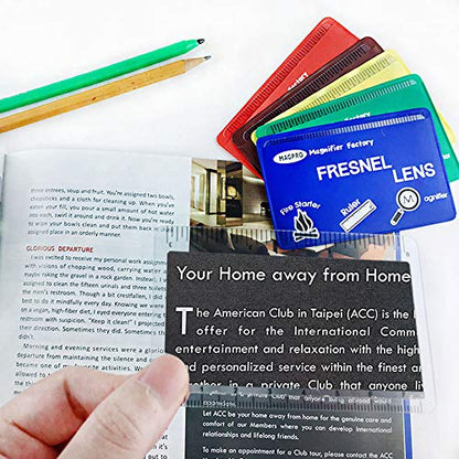 MagDepo 6 Pack Credit Card Size Magnifier Ruler Fresnel Lens Fire Starter Compact Plastic Magnifying Lens Wallet Pocket Magnifier for Reading Small Print, Maps, and Books -Red - color: Red