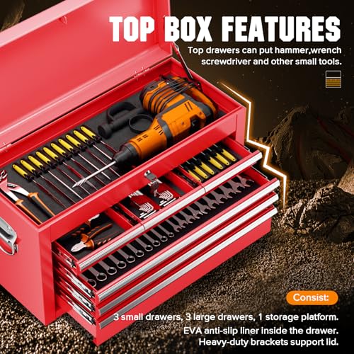 Oakcloud Heavy-Duty 8-Drawer Rolling Tool Chest & Cabinet Combo with Black Liner – Lockable Steel Garage Tool Box on Wheels – Detachable Top Toolbox & Bottom Storage Cart with Side Hooks, Red - color: Red, size: 8-Drawer