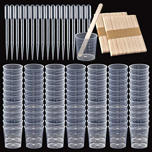 Coopay Plastic Graduated Cups Tools - 100 Pack 30ml/1oz Transparent Scale Measuring Cups,100 Pack Wooden Stirring Sticks and 3ml Transfer Pipettes for Resin, Epoxy, Stain, Mixing Paint - size: 100pcs