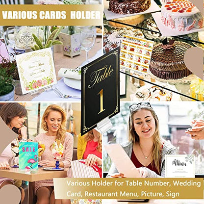 Table Number Place Card Playing Card Holders 60 Pack, Small Clear Acrylic Business Card Holder Stand for Display Paper Game Piece Picture Clip Price Board Photo Memo Menus Label Stand Party, 0.75in