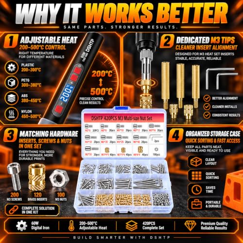 Heat Set Insert Kit for 3D Printing,Threaded Insert Kit for Plastic,420Pcs - size: M3