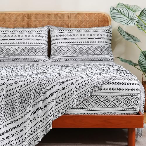 CozySmile King Size Sheet Set 4 Piece,Soft & Breathable Bedding Deep Pocket 16" Cooling Wrinkle Free Comforter Bed Set Western Sheets Geometric(King, Black White Geometric) - color: B-black White Geometric, size: King