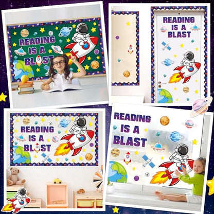 Outer Space Astronaut Bulletin Board Decorations Space Theme Classroom Bulletin Board Set Galaxy Borders Reading is A Blast Adventure Star Cutouts Back to School Preschool Chalkboard Wall Supplies - style: Outer Space