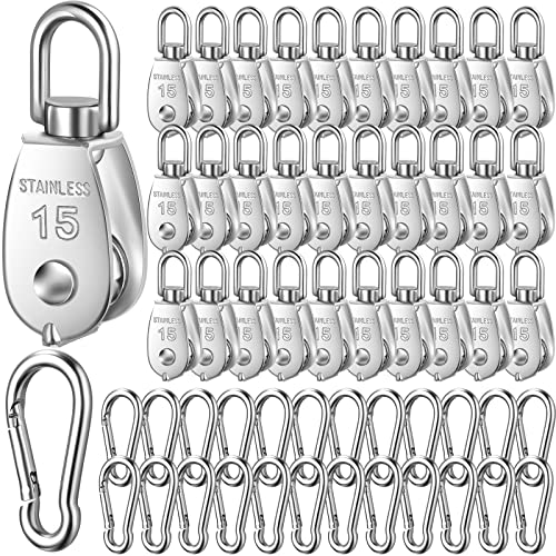 Ferraycle 30 Pcs Single Pulley Block System 304 Stainless Steel Pulley Wheel Hanging Wire Towing Wheel with 30 Pcs Spring Snap Hook, Lifting Wire Rope Single Swivel Roller, Silver(M15)