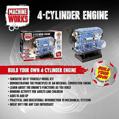 Machine Works Build Your Own Visible Model Engine Toys - Replica Model Building Kit 100+ Pieces- Features Working Sounds and Illuminiation, Internal Combustion Mechanics, Physics, STEM (4-Cylinder) - style: 4-Cylinder
