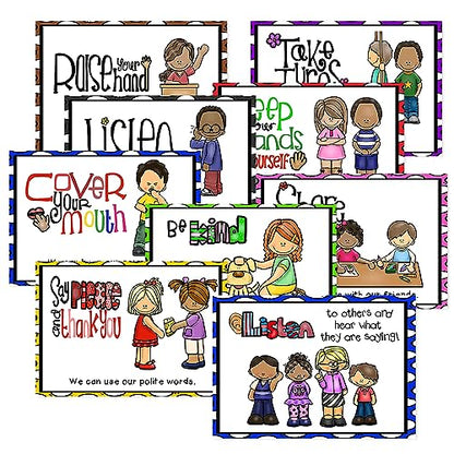 Lachilly 9 Sheets Classroom Rules Posters, Classroom Wall Decoration, Class Organization Charts, Bulletin Board Set, Classroom Decoration for Kindergarten Preschool Primary Middle High School - style: Classroom Rule 9P