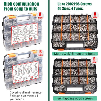 Twidec/2002PCS 304 SS Nuts And Bolts Assortment Kit And Self TappingScrew - color: Silver SS 2002PCS#4#6#8#10#1/4#3/8#5/16M3M4M5M6M8