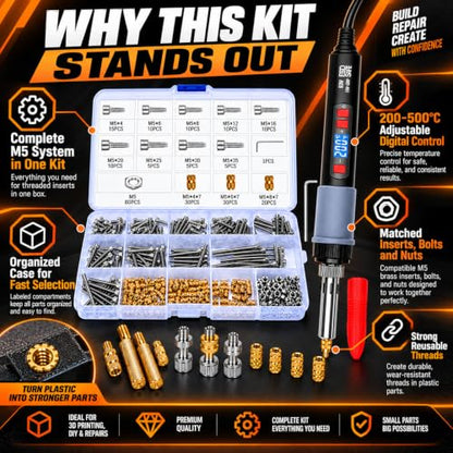 Heat Set Insert Kit for 3D Printing, Threaded Insert Kit for Plastic - size: M5