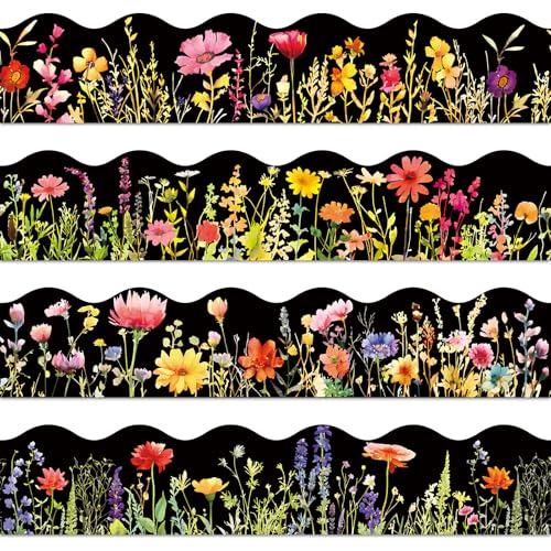 FYSUIMU 59.1 Ft Floral Bulletin Board Borders Black Wild Flower Scalloped Border Trim Sticker Decals for Home Classroom Spring Party Wall Decoration - style: Night Flower