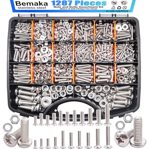 1287Pcs Nuts and Bolts Assortment Kit, 304 Stainless Steel Bolts Machine Screws Hardware Assortment Kit, Metric & SAE Phillips Pan Head Screws, Assorted Bolts, Nuts and Washers Kit - size: SS SAE & Metric Kit