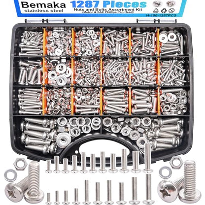 1287Pcs Nuts and Bolts Assortment Kit, 304 Stainless Steel Bolts Machine Screws Hardware Assortment Kit, Metric & SAE Phillips Pan Head Screws, Assorted Bolts, Nuts and Washers Kit - size: SS SAE & Metric Kit