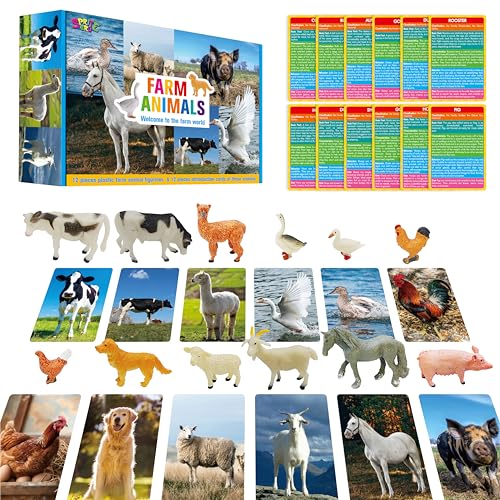 12 PCS Farm Animal Figurines with 12 Introducing Flashcards, Realistic Farm Animals Playset Montessori Toys Science Educational Matching Game for Homeschool Preschool Toddler Kids - style: Farm animal set (including cards)