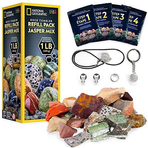 NATIONAL GEOGRAPHIC Rock Tumbler Refill Kit - 1 Lb. Jasper Rocks for Tumbling - 8 Varieties including Mookaite and Kabamba - Rock Tumbler Supplies include Rock Tumbler Grit and Jewelry Accessories - style: Jasper Mix
