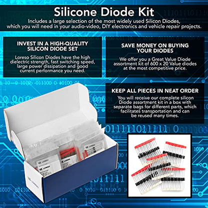 Diode Assortment Kit Box, Pack of 600pcs 20 Models - 1N4001 1N4002 1N4004 1N4007 1N5399 RL207 1N5400 1N5401 1N5404 1N5408 FR107 FR207 HER107 UF4007 1N5817 1N5819 SR5150 1N4148 DB3 1N5349B 30pcs Each - style: Diodes