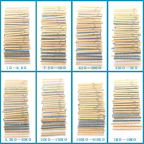 3120pcs 156 Values Metal Film Resistor Kit Minidodoca 1 Ohm-10M Ohm 1/4W 0.25 watt ±1% Tolerance Fixed Resistors Assortment Kit RoHS Compliant 100 1000 1k 10k 100k ohm Resistor Pack for DIY Projects - style: 1/4 watt-156 values-3120pcs