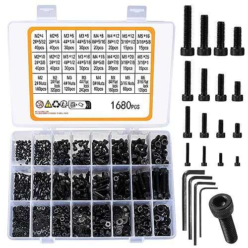 1680 Pcs M2 M3 M4 M5 Metric Hex Head Bolts and Nuts and Washers Set, Hex Socket Head Cap Screws Bolts and Nuts and Washers Assortment Kit, Black Machine Screws Set